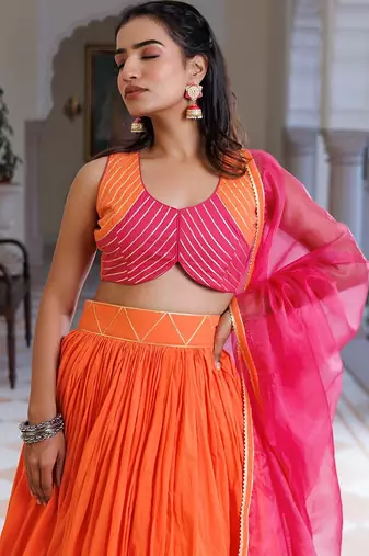 Pink Lemonade and Orange Cotton Lehenga Set