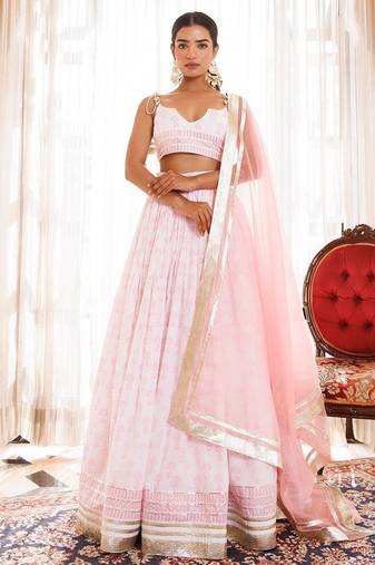 Barely Pink and White Handblock Printed Cotton Lehenga Set