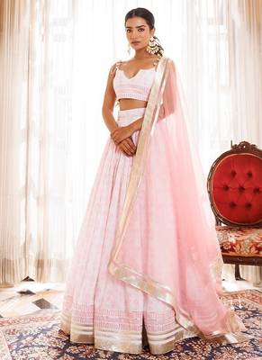 Barely Pink and White Handblock Printed Cotton Lehenga Set 2