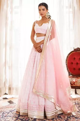 Barely Pink and White Handblock Printed Cotton Lehenga Set