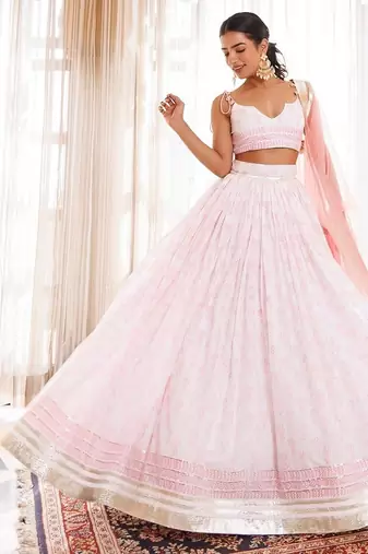 Barely Pink and White Handblock Printed Cotton Lehenga Set