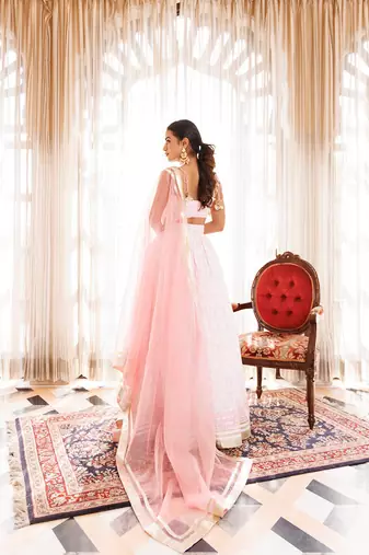 Barely Pink and White Handblock Printed Cotton Lehenga Set