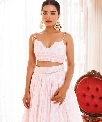 Barely Pink and White Handblock Printed Cotton Lehenga Set 5