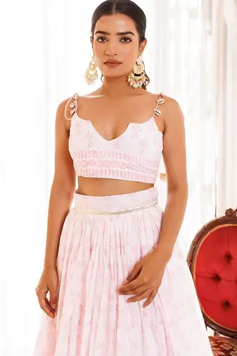 Barely Pink and White Handblock Printed Cotton Lehenga Set