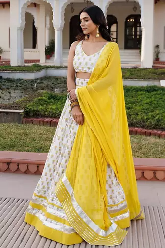 Sunstruck Yellow and White Cotton Lehenga Set