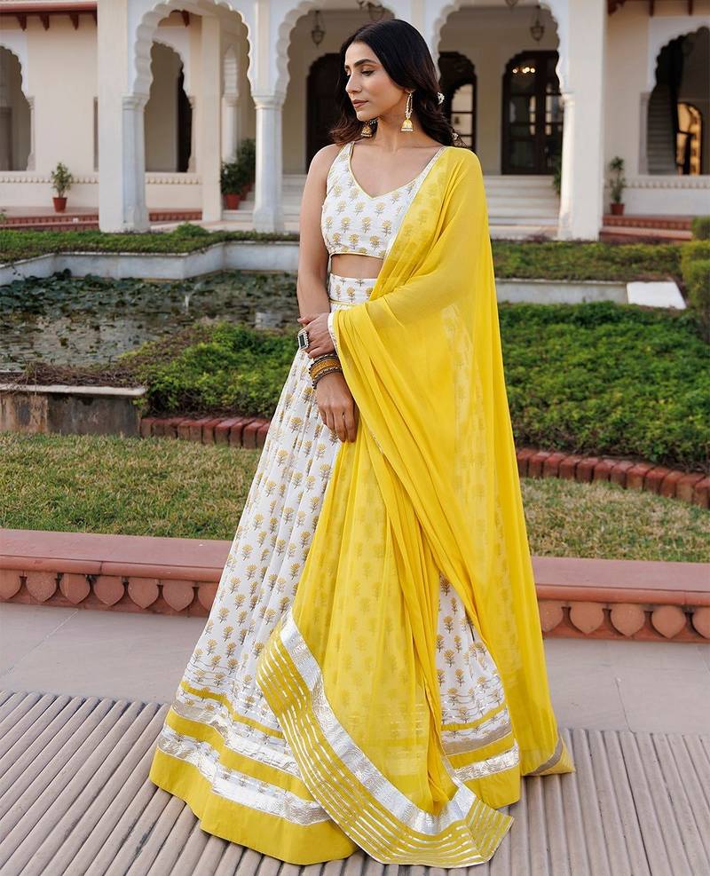 Sunstruck Yellow and White Cotton Lehenga Set