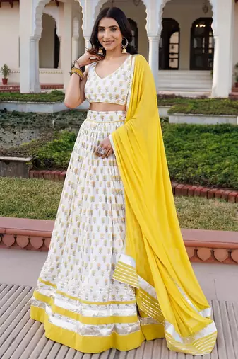 Sunstruck Yellow and White Cotton Lehenga Set