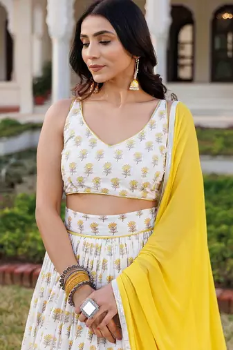 Sunstruck Yellow and White Cotton Lehenga Set