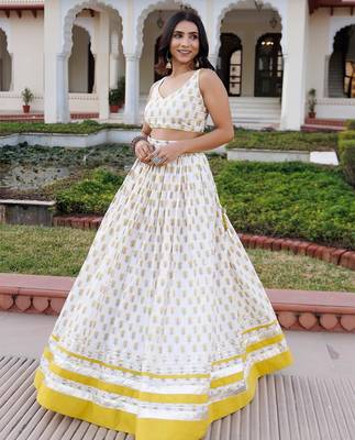 Sunstruck Yellow and White Cotton Lehenga Set 4