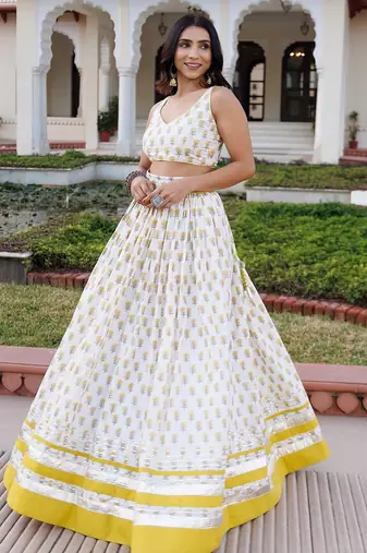 Sunstruck Yellow and White Cotton Lehenga Set