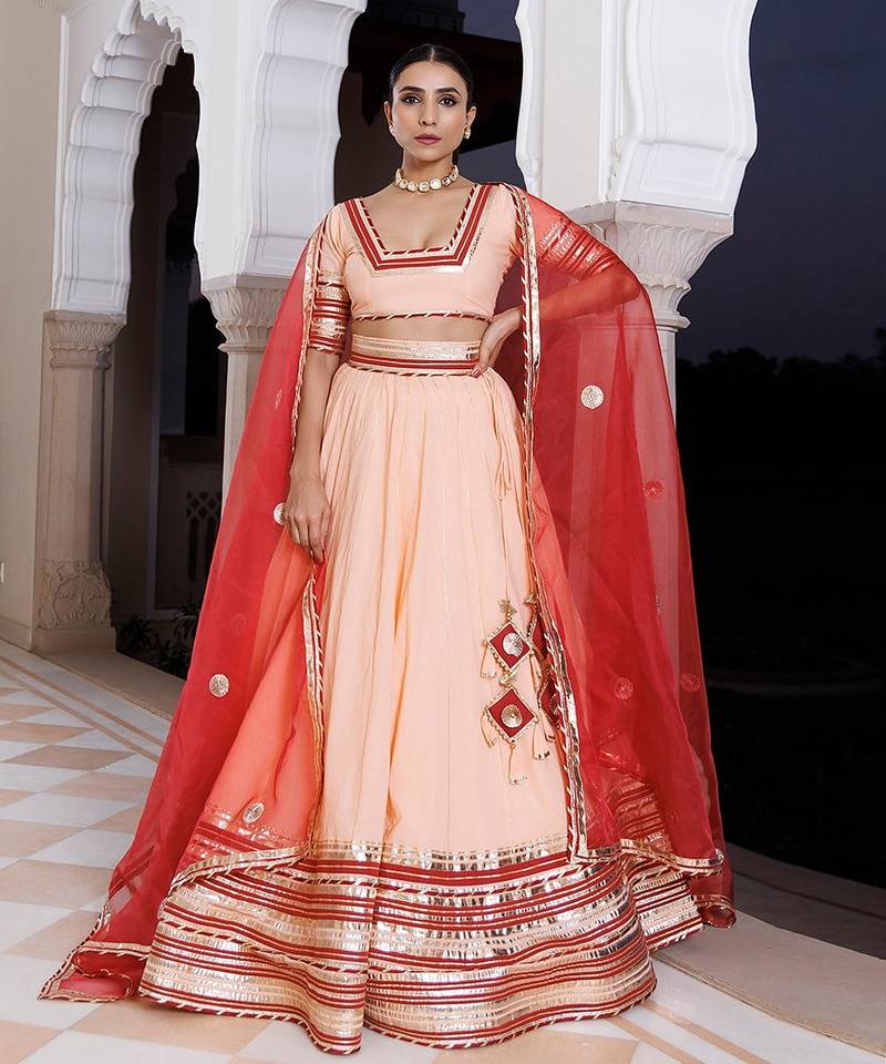 Vanilla Pink and Red Cotton Lehenga Set
