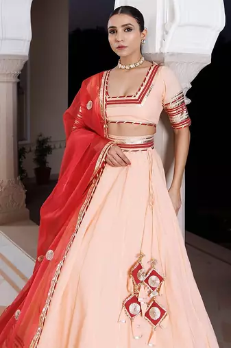 Vanilla Pink and Red Cotton Lehenga Set