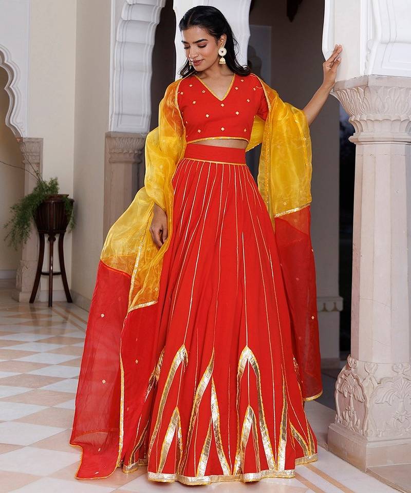 Red Alert and Yellow Cotton Lehenga Set