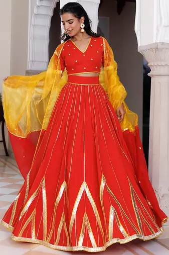 Red Alert and Yellow Cotton Lehenga Set