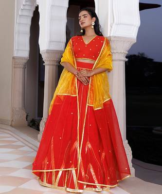 Red Alert and Yellow Cotton Lehenga Set 3