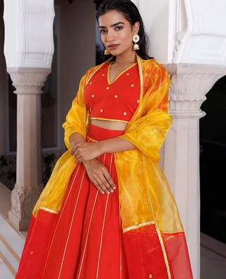 Red Alert and Yellow Cotton Lehenga Set 4