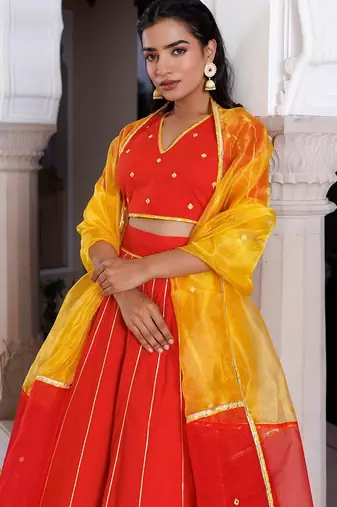 Red Alert and Yellow Cotton Lehenga Set