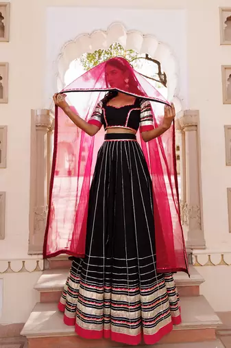 Blackened Pearl and Pink Cotton Lehenga Set