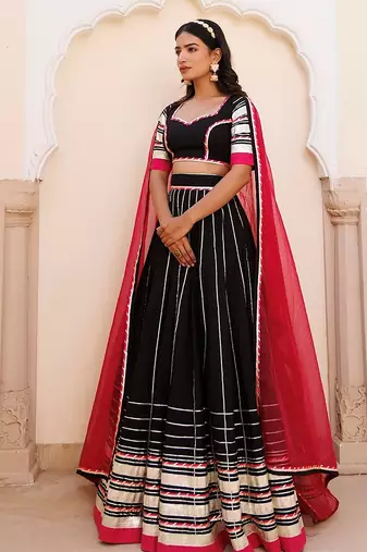 Blackened Pearl and Pink Cotton Lehenga Set