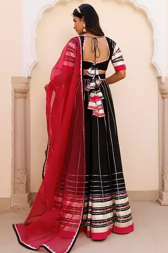 Blackened Pearl and Pink Cotton Lehenga Set