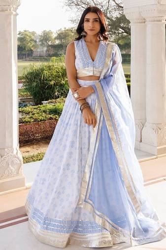 Angel Falls Blue and White Handblock Printed Lehenga Set