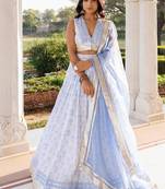 Angel Falls Blue and White Handblock Printed Lehenga Set