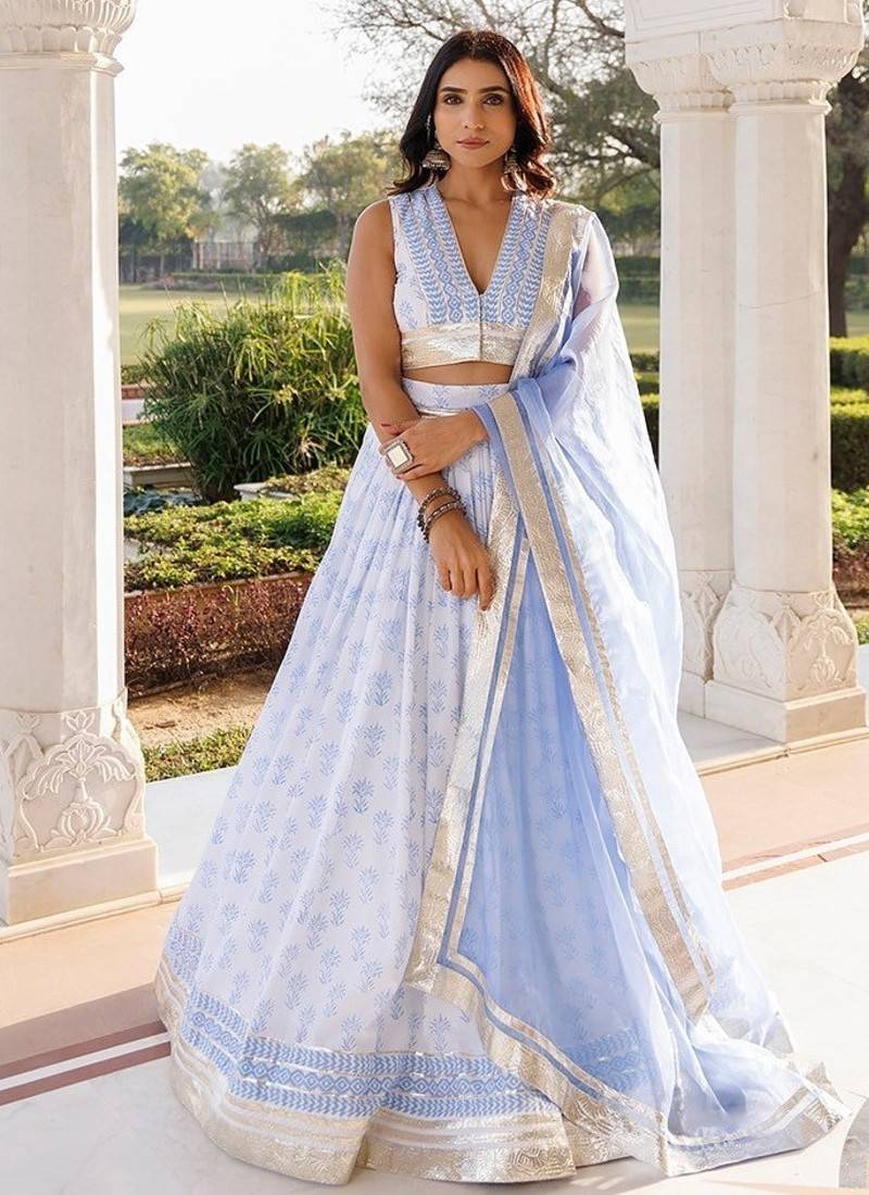Angel Falls Blue and White Handblock Printed Lehenga Set