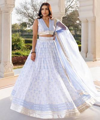 Angel Falls Blue and White Handblock Printed Lehenga Set 2