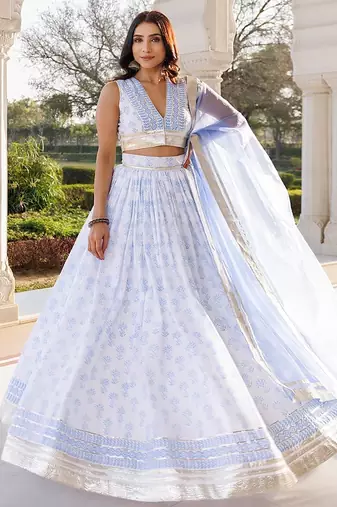 Angel Falls Blue and White Handblock Printed Lehenga Set