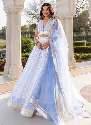 Angel Falls Blue and White Handblock Printed Lehenga Set 3