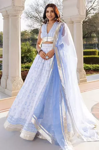 Angel Falls Blue and White Handblock Printed Lehenga Set
