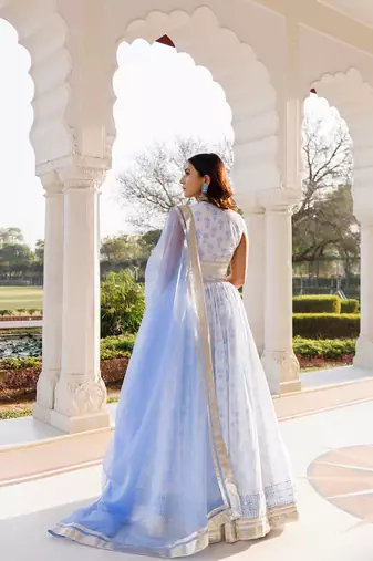 Angel Falls Blue and White Handblock Printed Lehenga Set