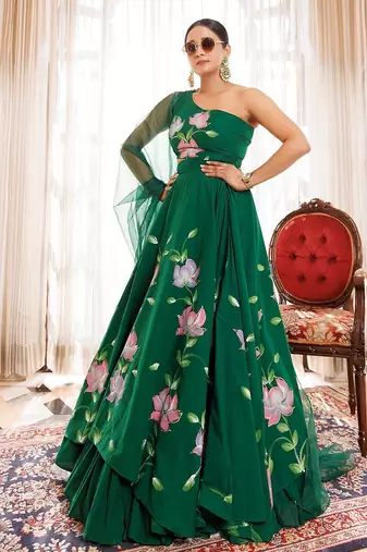 Water Garden Green Brushpainted Cotton Lehenga Set
