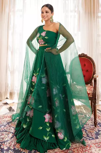 Water Garden Green Brushpainted Cotton Lehenga Set
