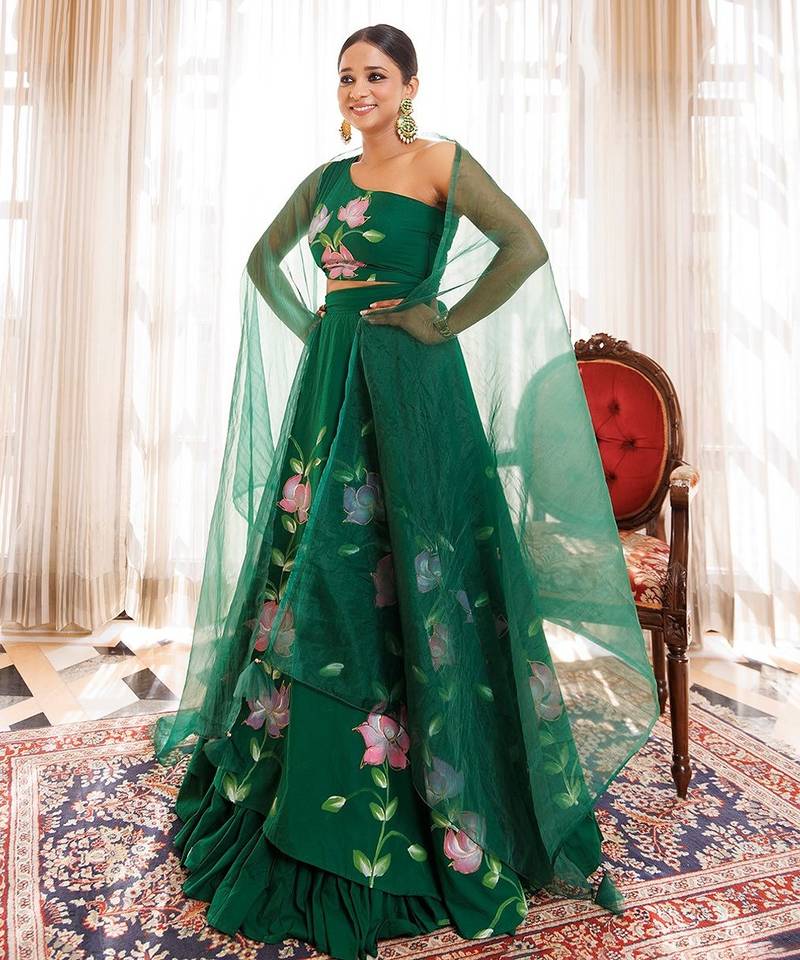 Water Garden Green Brushpainted Cotton Lehenga Set