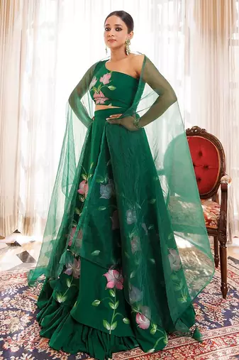 Water Garden Green Brushpainted Cotton Lehenga Set