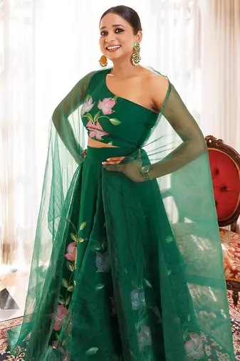 Water Garden Green Brushpainted Cotton Lehenga Set