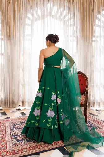 Water Garden Green Brushpainted Cotton Lehenga Set
