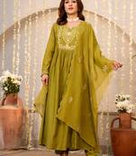 Women's Beautiful Embroidery Work Chanderi Silk Fabric Flared Kurta Pant and Dupatta Set