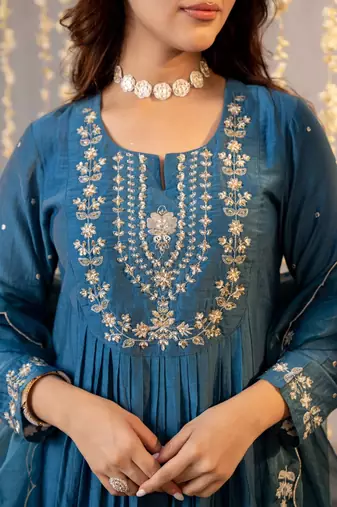 Women's Beautiful Embroidery Work Chanderi Silk Fabric Flared Kurta Pant and Dupatta Set