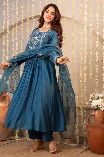 Women's Beautiful Embroidery Work Chanderi Silk Fabric Flared Kurta Pant and Dupatta Set