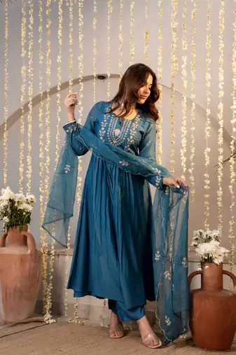Women's Beautiful Embroidery Work Chanderi Silk Fabric Flared Kurta Pant and Dupatta Set