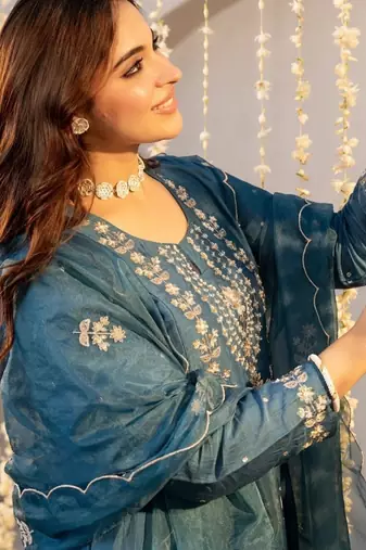 Women's Beautiful Embroidery Work Chanderi Silk Fabric Flared Kurta Pant and Dupatta Set