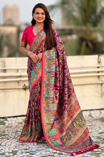 Purple viscose silk position print & zari weaving saree with contrast blouse piece