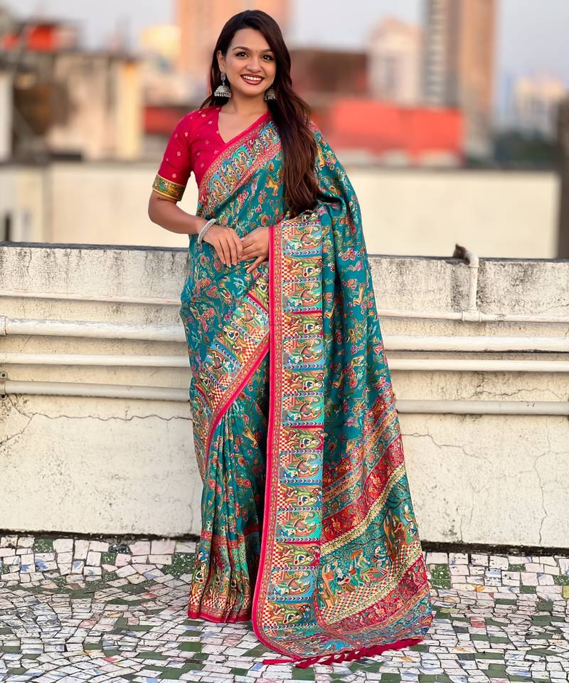 Blue viscose silk position print & zari weaving saree with contrast blouse piece