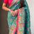 Blue viscose silk position print & zari weaving saree with contrast blouse piece