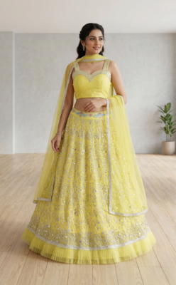 Elegant Yellow Embroidered Lehenga Choli Set with Net Dupatta 1