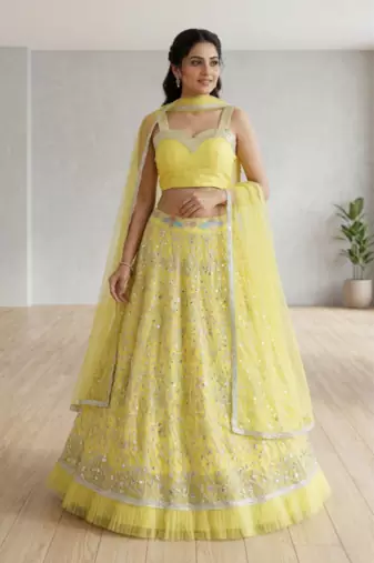 Elegant Yellow Embroidered Lehenga Choli Set with Net Dupatta