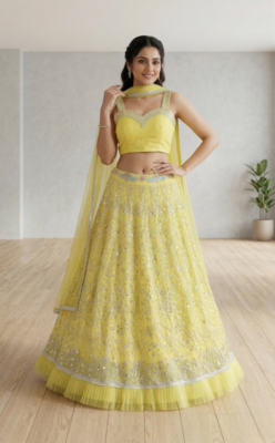 Elegant Yellow Embroidered Lehenga Choli Set with Net Dupatta 2