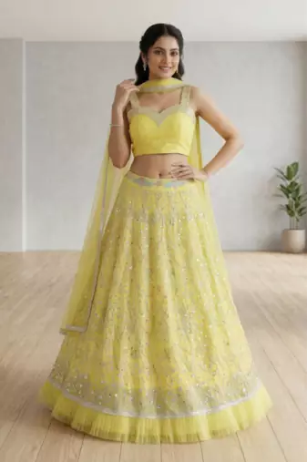 Elegant Yellow Embroidered Lehenga Choli Set with Net Dupatta